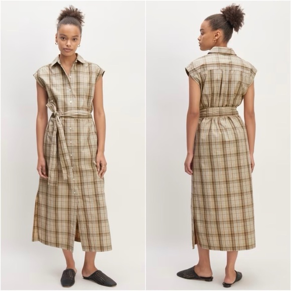 Everlane The Supima Cotton Short-Sleeve Shirt Dress Pale Khaki Plaid 4 NWT New - Picture 1 of 12